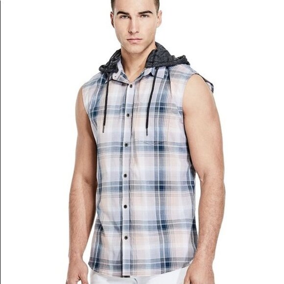 G by Guess Other - G By Guess Men's Plaid Sleeveless Shirt with Removable Hood
